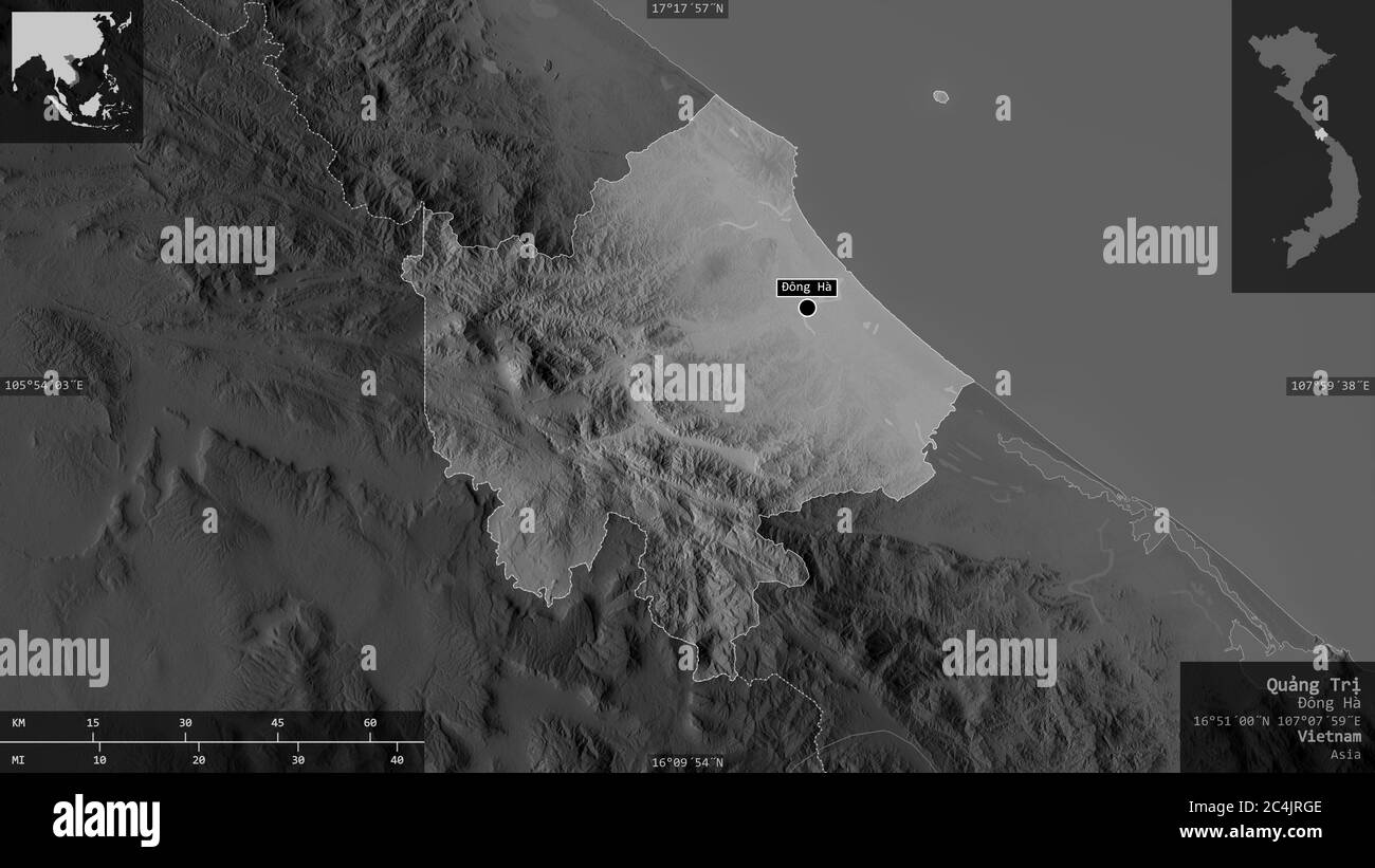 Quảng Trị, Provinz Vietnam. Graustufen-Karte mit Seen und Flüssen. Form präsentiert gegen seine Landesfläche mit informativen Überlagerungen. 3D-Rendering Stockfoto