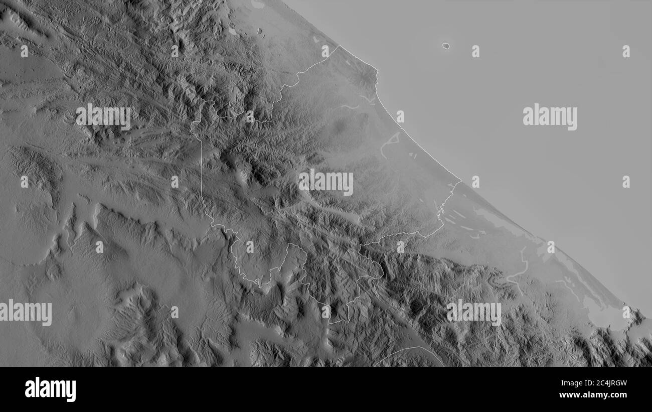 Quảng Trị, Provinz Vietnam. Graustufen-Karte mit Seen und Flüssen. Form, die gegenüber dem Landesgebiet umrissen ist. 3D-Rendering Stockfoto