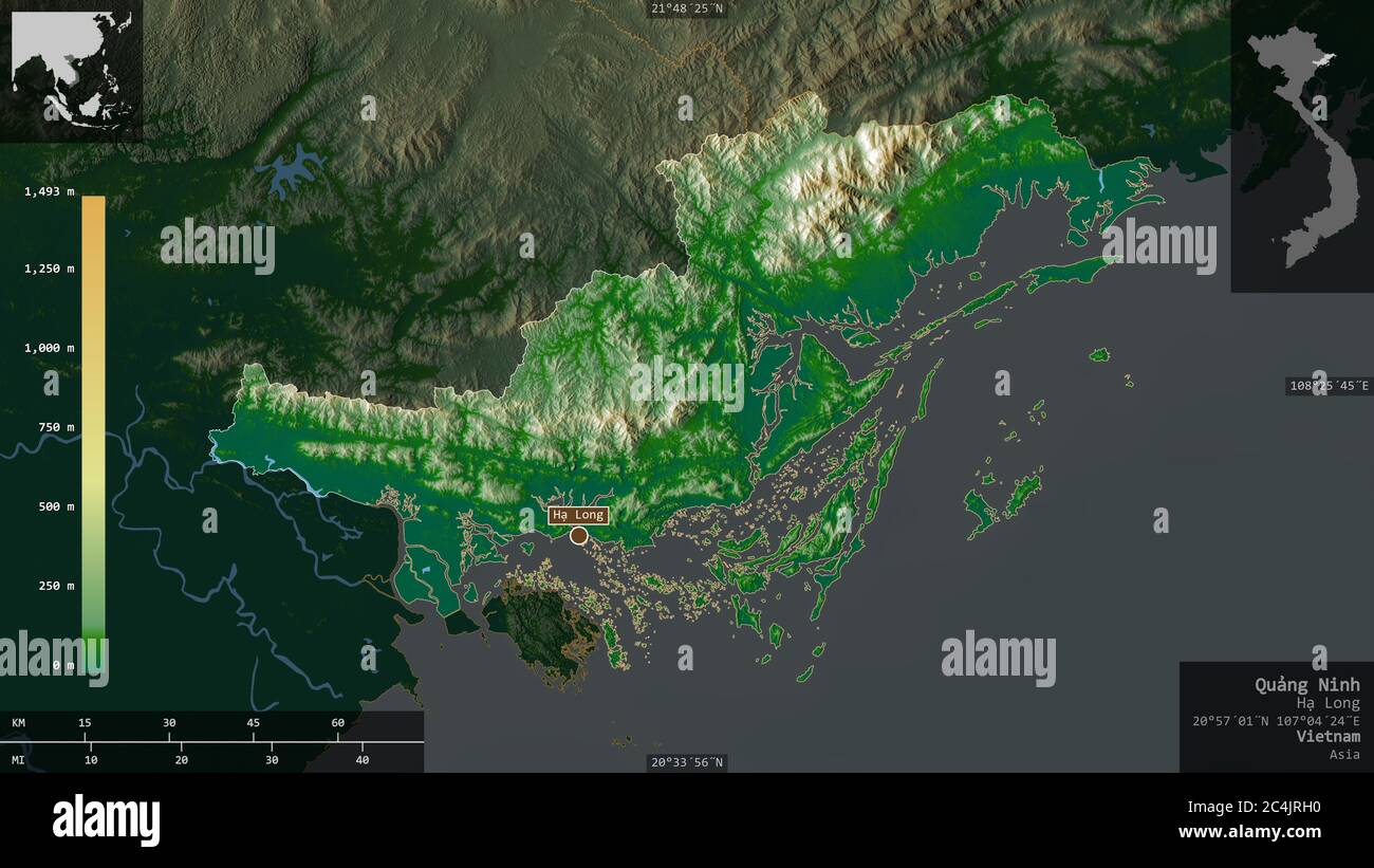 Quảng Ninh, Provinz Vietnam. Farbige Shader-Daten mit Seen und Flüssen. Form präsentiert gegen seine Landesfläche mit informativen Überlagerungen. 3D ren Stockfoto
