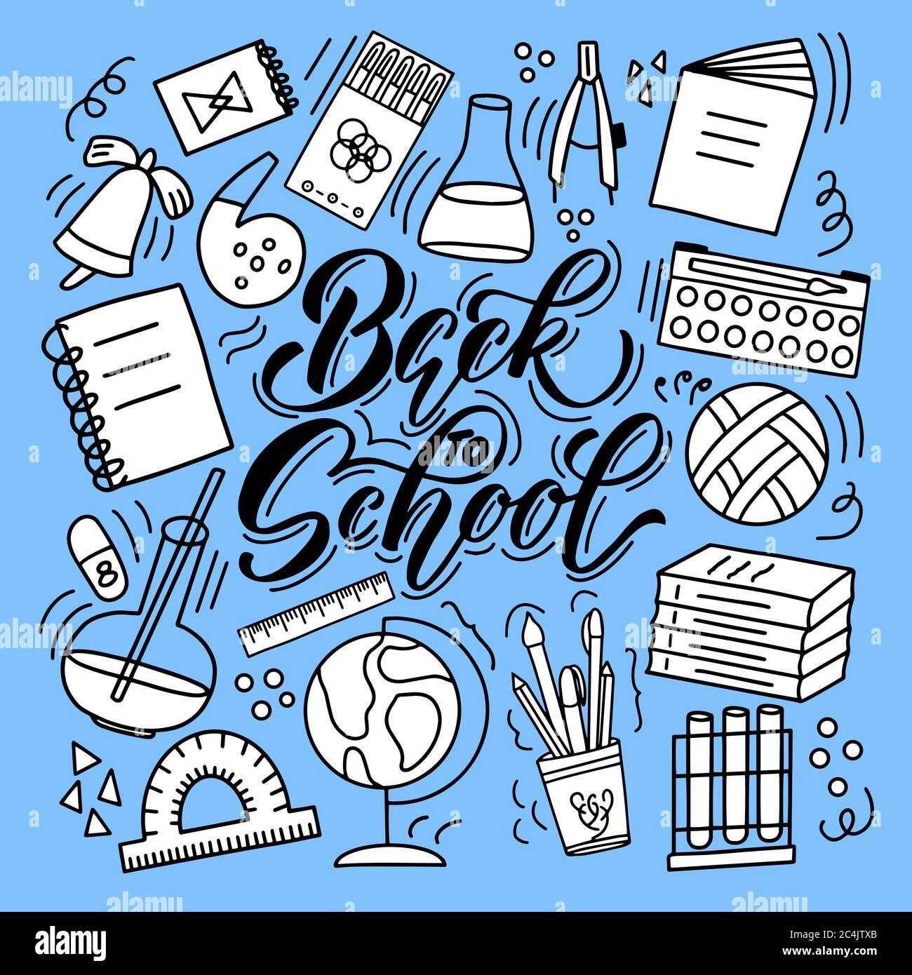 Zurück in die Schule - Vektorbild auf blauem Hintergrund. Für die Gestaltung von Postkarten, Plakaten, Covern, Prints für Notizbücher, Geschenkpapier Stock Vektor