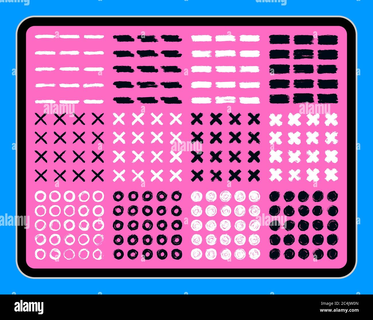 Pinselstrich auf dem Touchscreen-Display des Tabletts. Sammlung von schmutzigen Textur. Pad mit schwarzen und weißen Pinselstrichen auf rosa Bildschirm. Mockup-Gerät. D Stock Vektor