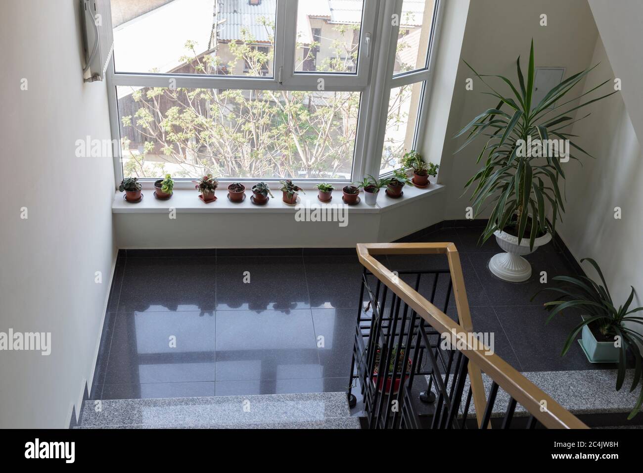 Treppe eines modernen Hauses mit dem Metallgeländer. Simplycity und Eleganz der modernen Design von Wohngebäuden. Stockfoto