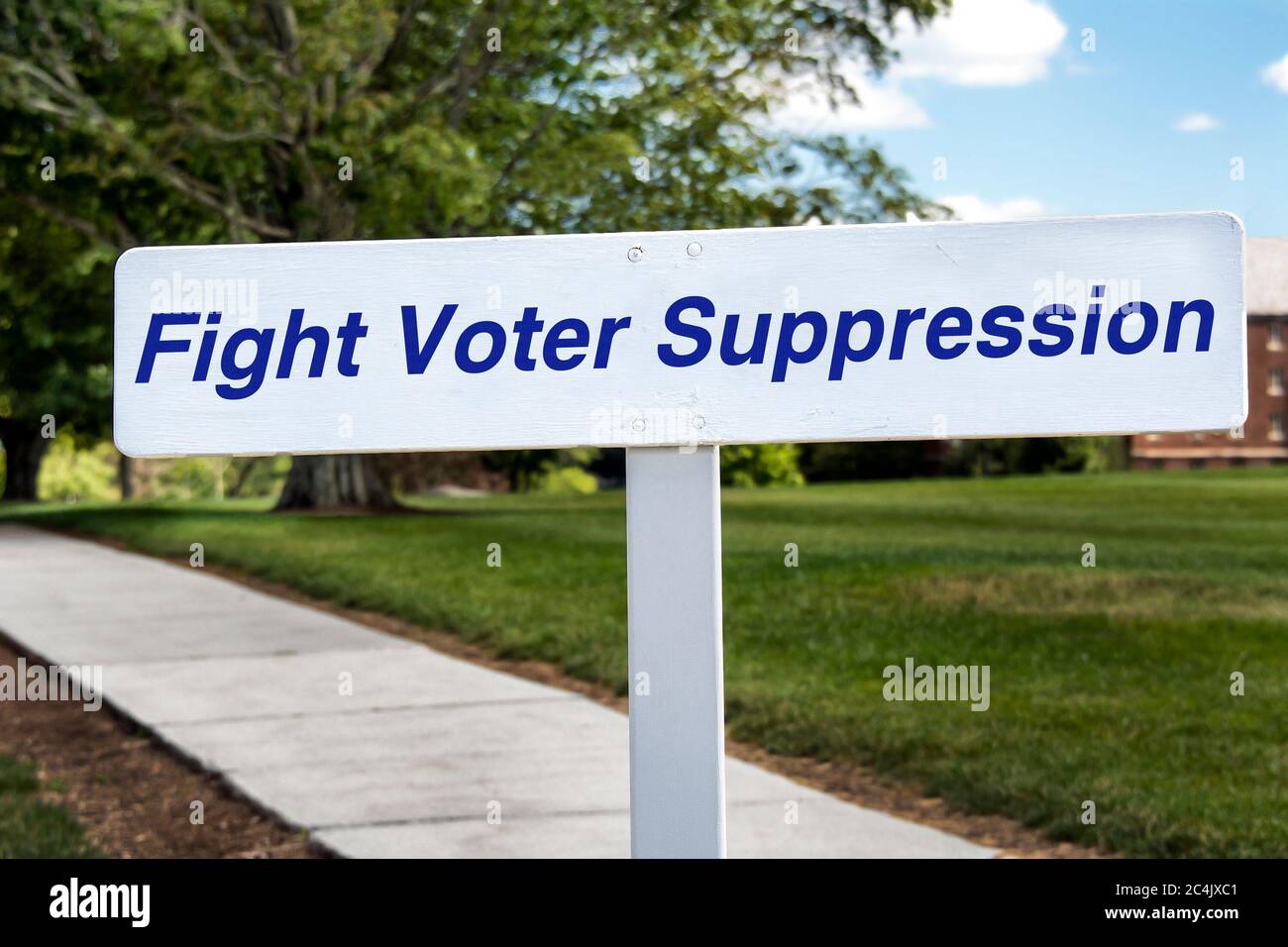 Sign regt dazu an, die Unterdrückung von Wählern oder Aktivitäten, die die Abstimmung blockieren, zu stoppen. Stockfoto