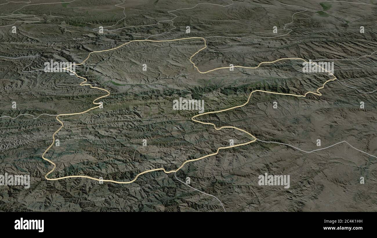 Zoom in auf Bamyan (Provinz Afghanistan) skizziert. Schräge Perspektive. Satellitenbilder. 3D-Rendering Stockfoto