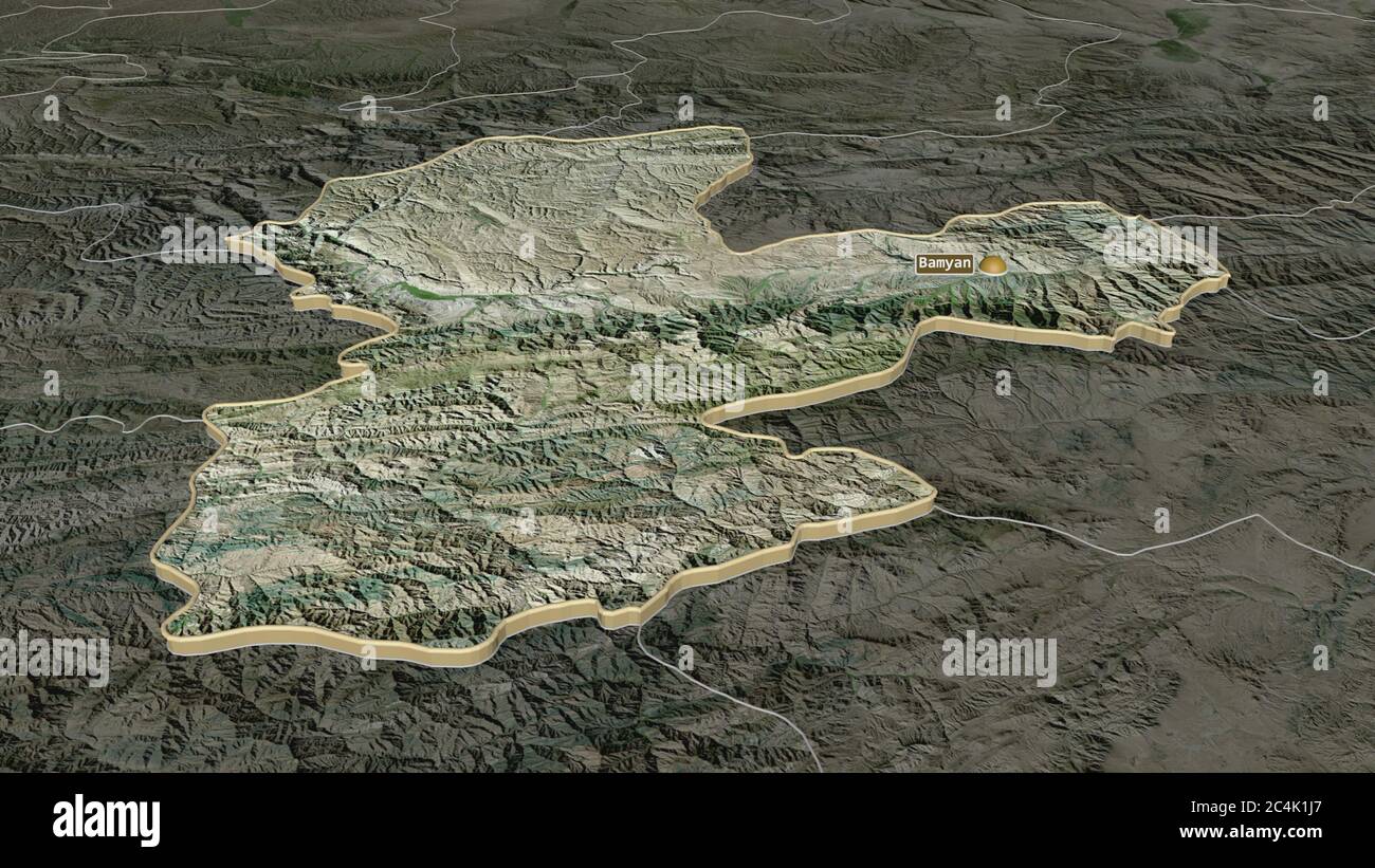 Zoom in auf Bamyan (Provinz Afghanistan) extrudiert. Schräge Perspektive. Satellitenbilder. 3D-Rendering Stockfoto