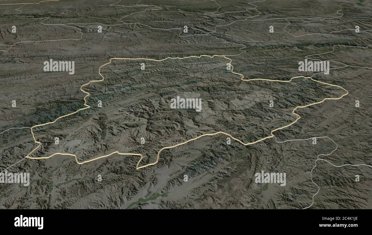 Zoom in auf Daykundi (Provinz Afghanistan) skizziert. Schräge Perspektive. Satellitenbilder. 3D-Rendering Stockfoto