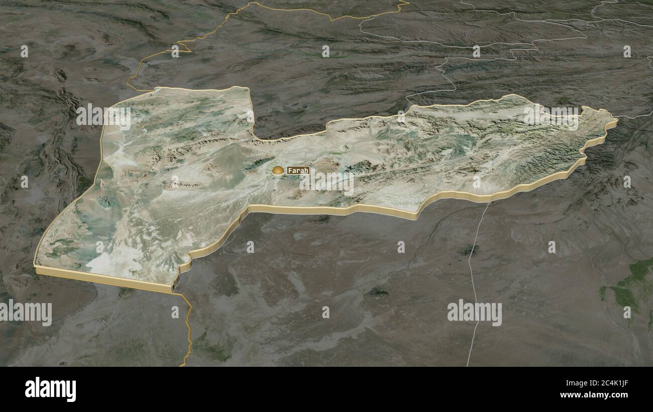 Zoom in Farah (Provinz Afghanistan) extrudiert. Schräge Perspektive. Satellitenbilder. 3D-Rendering Stockfoto