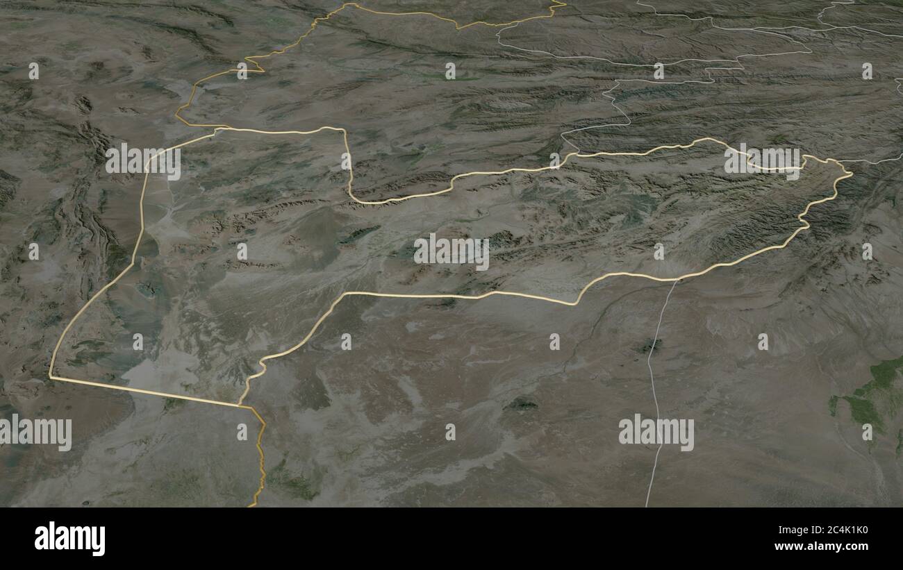 Zoom in Farah (Provinz Afghanistan) skizziert. Schräge Perspektive. Satellitenbilder. 3D-Rendering Stockfoto