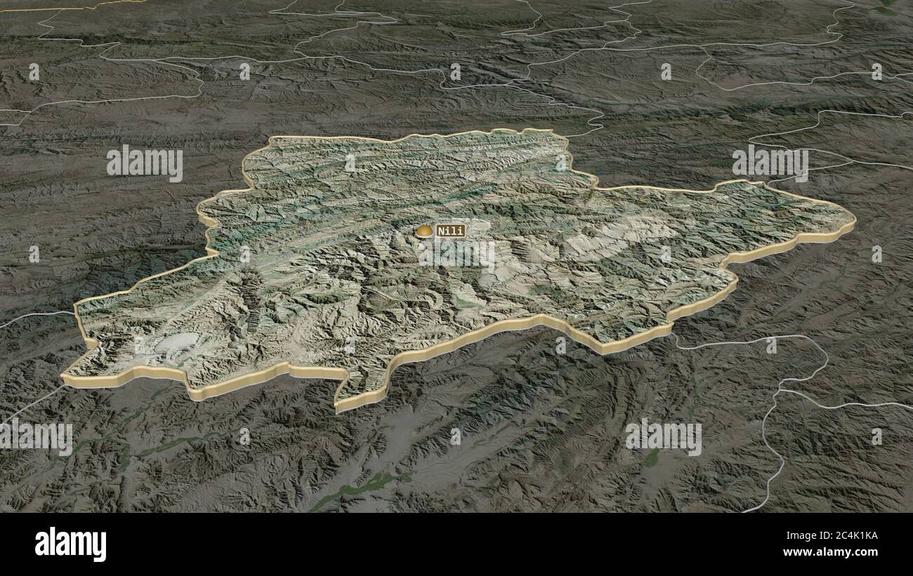 Zoom in auf Daykundi (Provinz Afghanistan) extrudiert. Schräge Perspektive. Satellitenbilder. 3D-Rendering Stockfoto