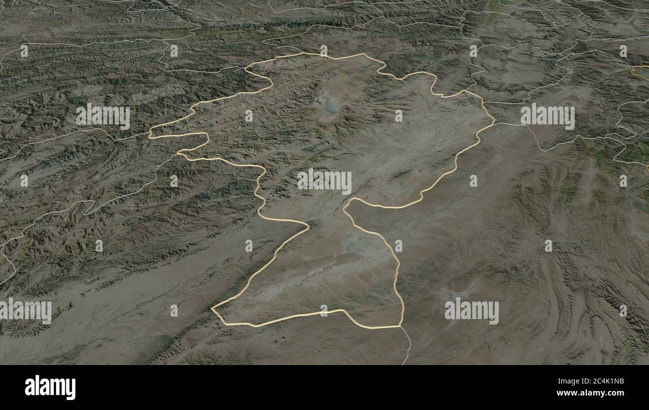 Zoom in Ghazni (Provinz Afghanistan) skizziert. Schräge Perspektive. Satellitenbilder. 3D-Rendering Stockfoto