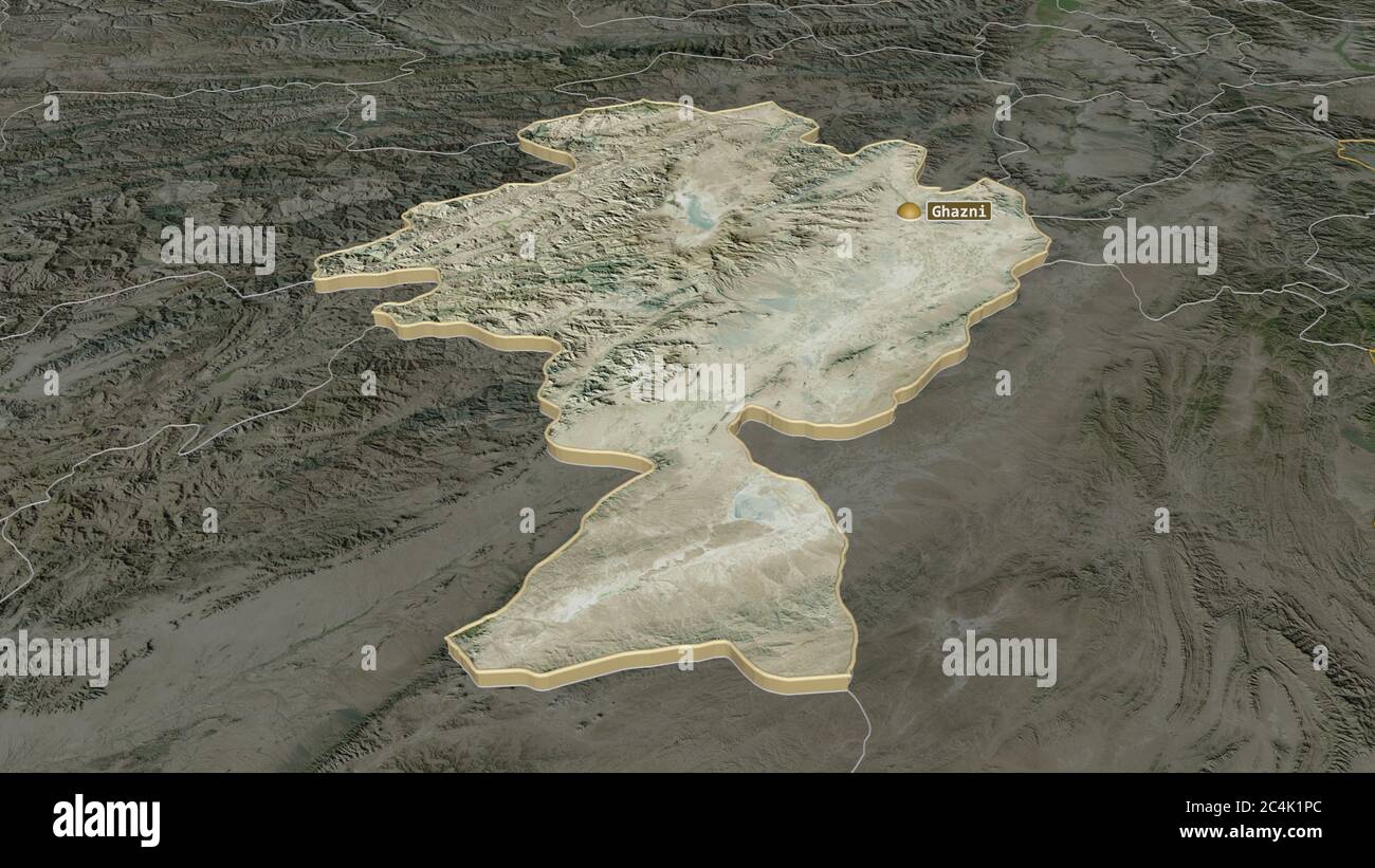 Zoom in auf Ghazni (Provinz Afghanistan) extrudiert. Schräge Perspektive. Satellitenbilder. 3D-Rendering Stockfoto