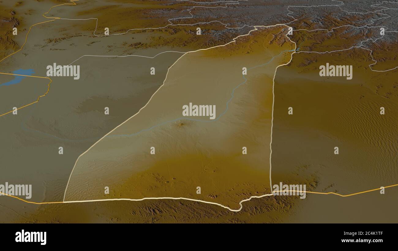 Zoom in Helmand (Provinz Afghanistan) skizziert. Schräge Perspektive. Topographische Reliefkarte mit Oberflächengewässern. 3D-Rendering Stockfoto
