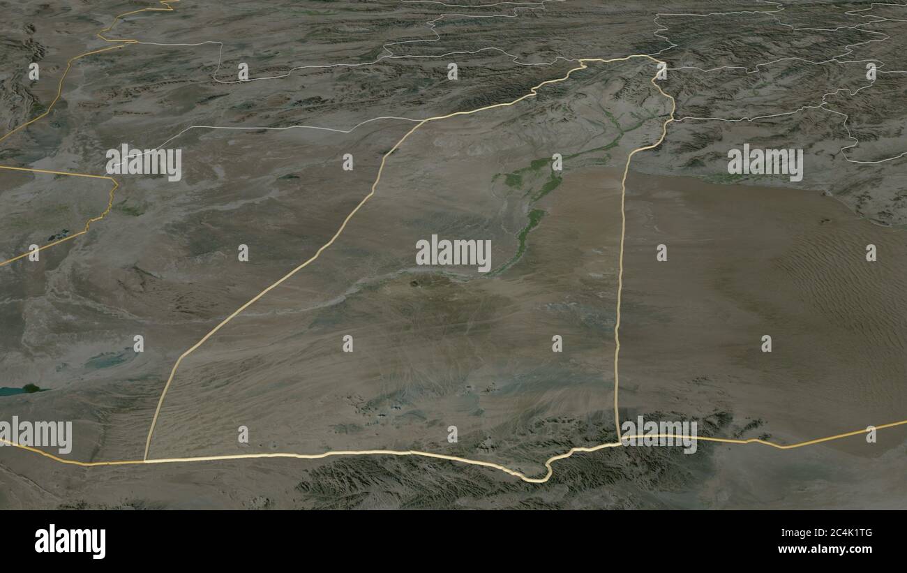 Zoom in Helmand (Provinz Afghanistan) skizziert. Schräge Perspektive. Satellitenbilder. 3D-Rendering Stockfoto