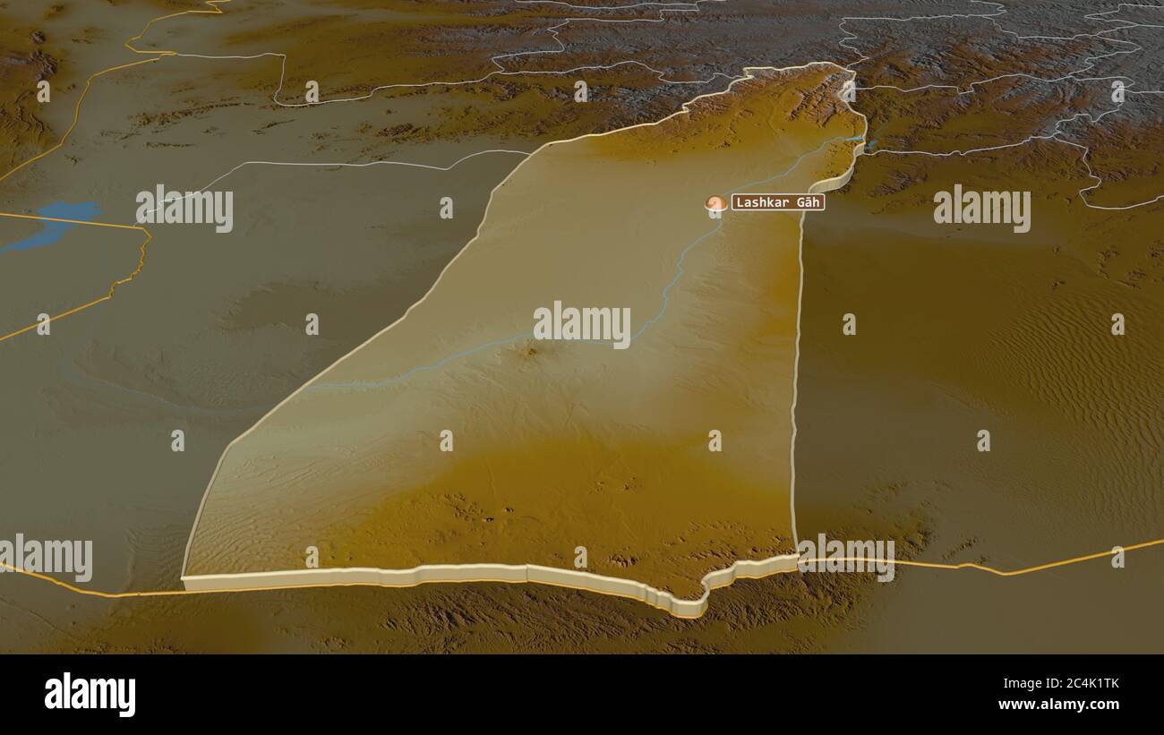 Zoom in Helmand (Provinz Afghanistan) extrudiert. Schräge Perspektive. Topographische Reliefkarte mit Oberflächengewässern. 3D-Rendering Stockfoto