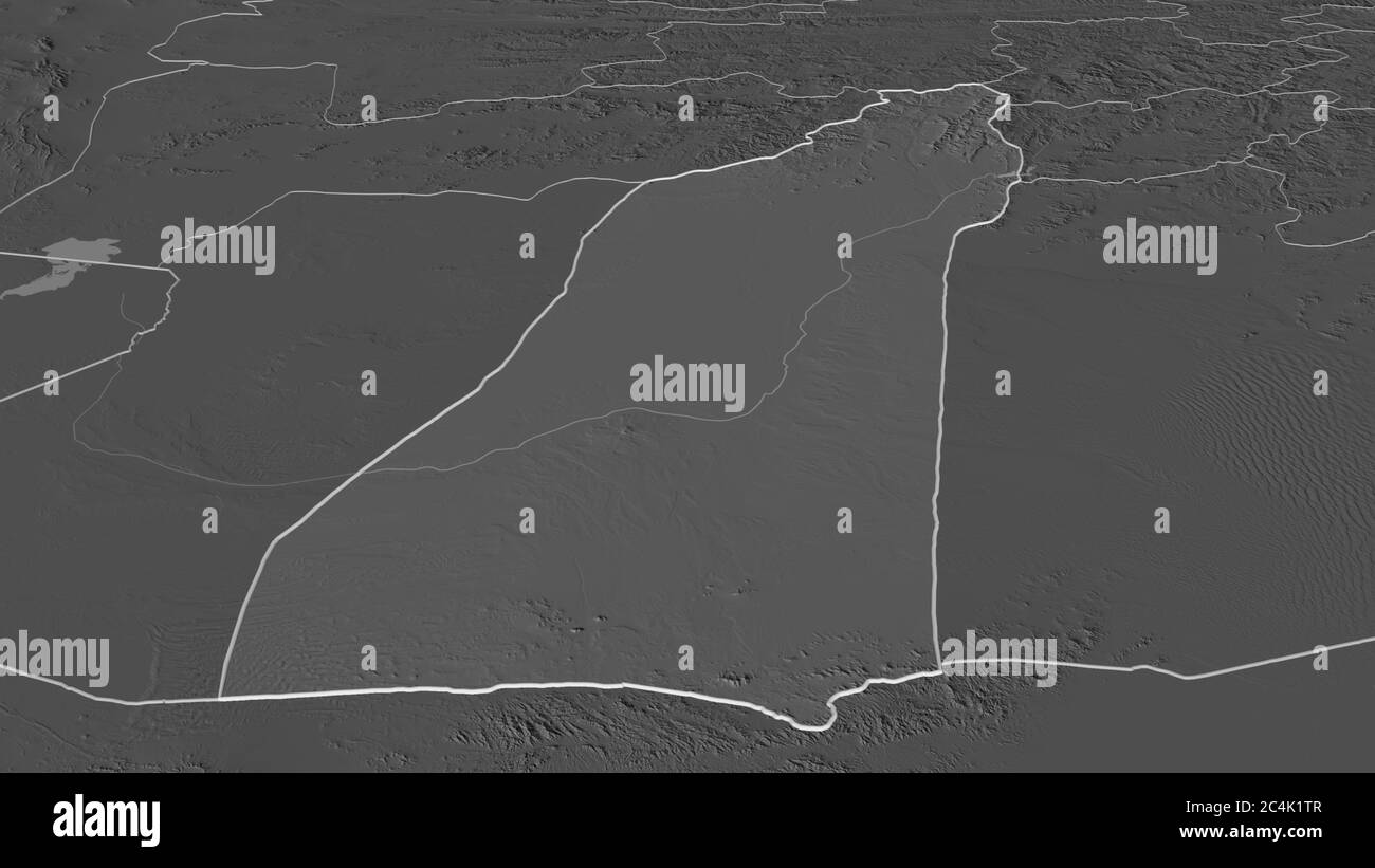 Zoom in Helmand (Provinz Afghanistan) skizziert. Schräge Perspektive. Karte mit bilevel Höhe mit Oberflächengewässern. 3D-Rendering Stockfoto
