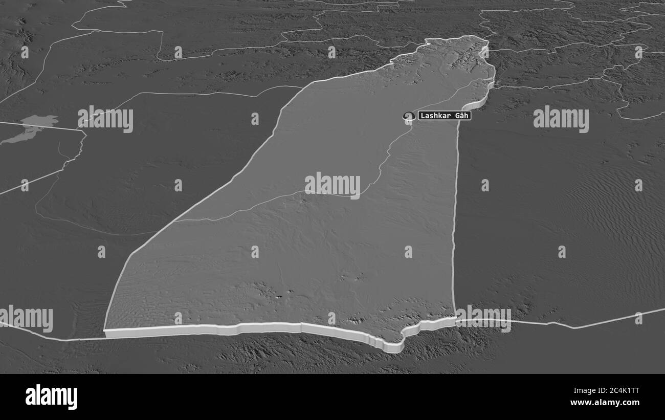 Zoom in Helmand (Provinz Afghanistan) extrudiert. Schräge Perspektive. Karte mit bilevel Höhe mit Oberflächengewässern. 3D-Rendering Stockfoto