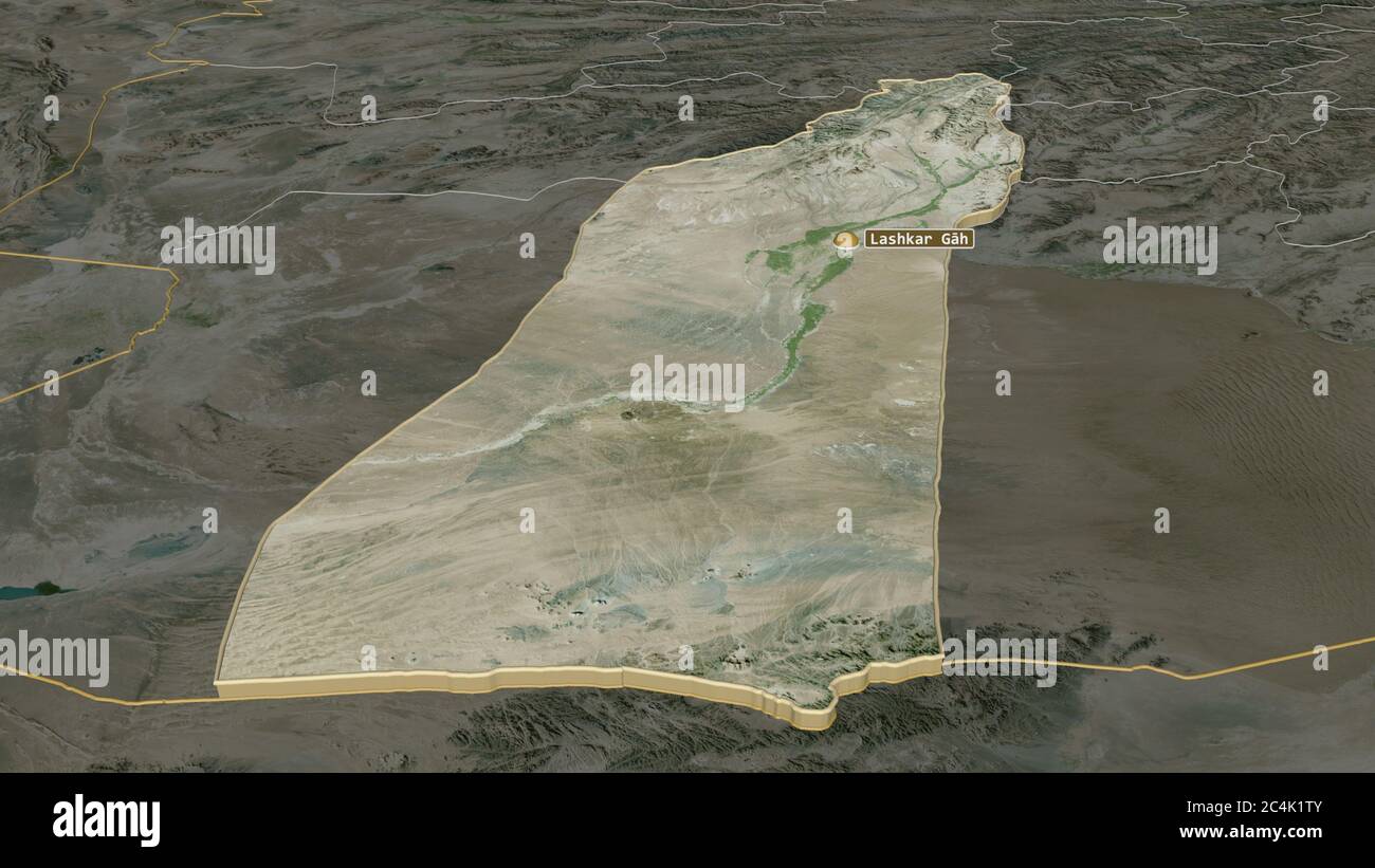Zoom in Helmand (Provinz Afghanistan) extrudiert. Schräge Perspektive. Satellitenbilder. 3D-Rendering Stockfoto