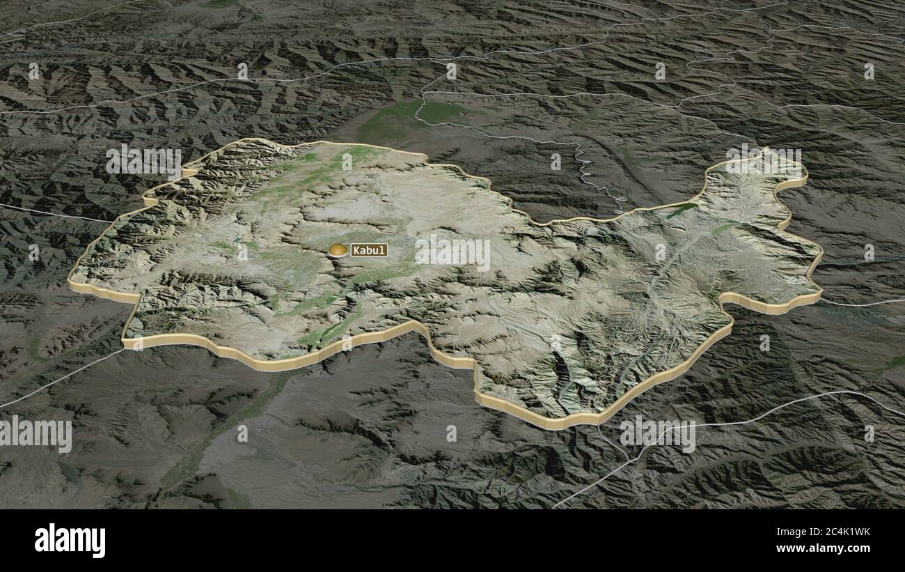 Zoom in auf Kabul (Provinz Afghanistan) extrudiert. Schräge Perspektive. Satellitenbilder. 3D-Rendering Stockfoto