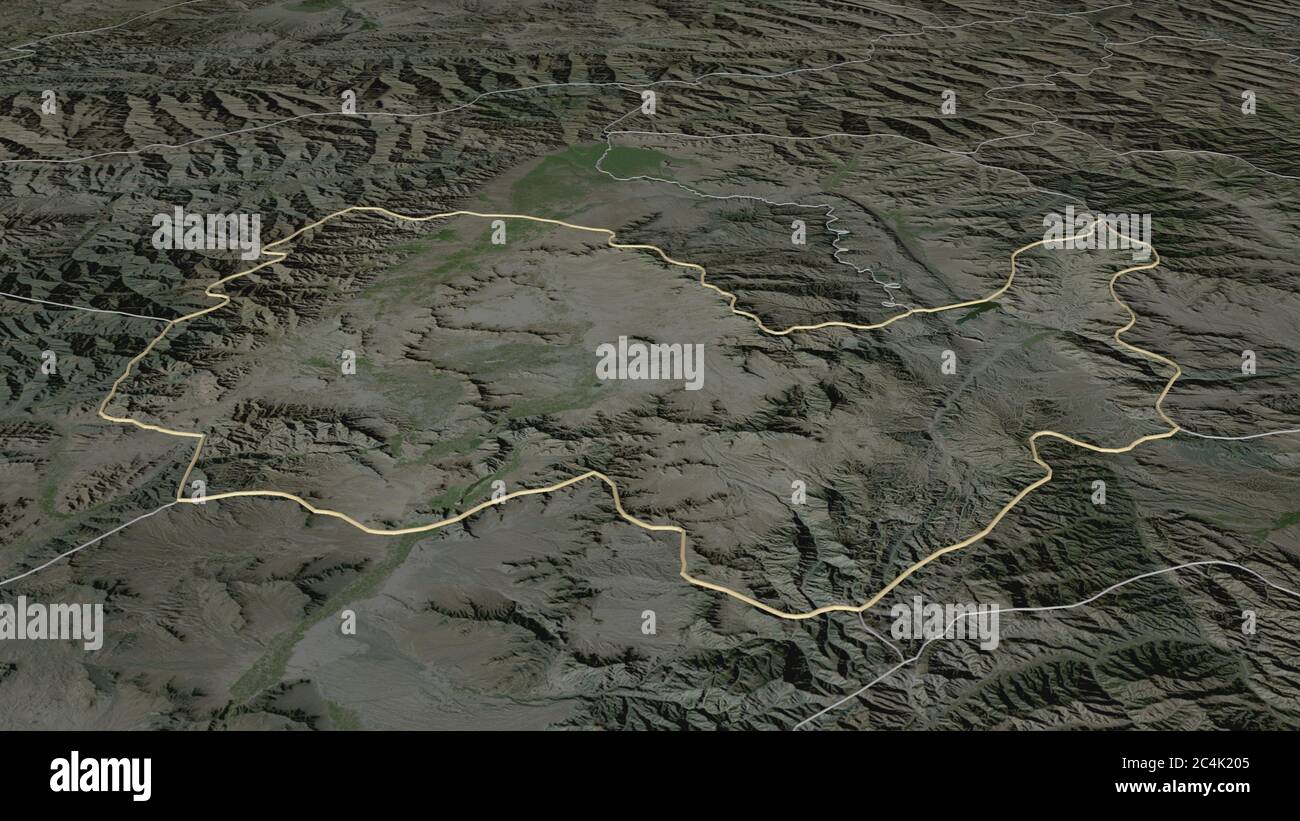 Zoom in Kabul (Provinz Afghanistan) skizziert. Schräge Perspektive. Satellitenbilder. 3D-Rendering Stockfoto