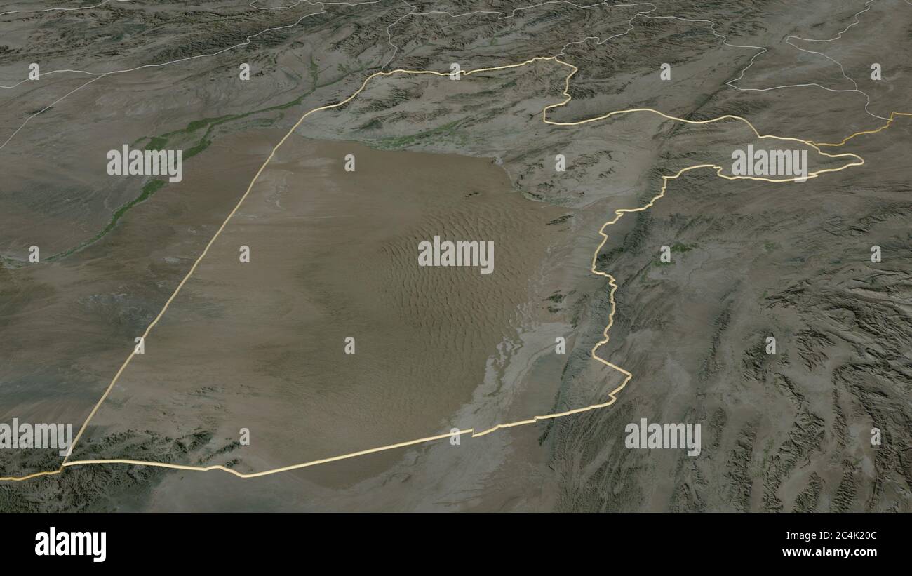 Zoom in Kandahar (Provinz Afghanistan) skizziert. Schräge Perspektive. Satellitenbilder. 3D-Rendering Stockfoto