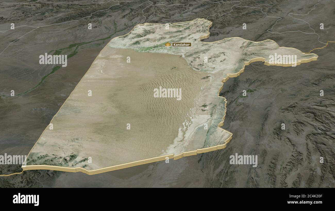 Zoom in Kandahar (Provinz Afghanistan) extrudiert. Schräge Perspektive. Satellitenbilder. 3D-Rendering Stockfoto