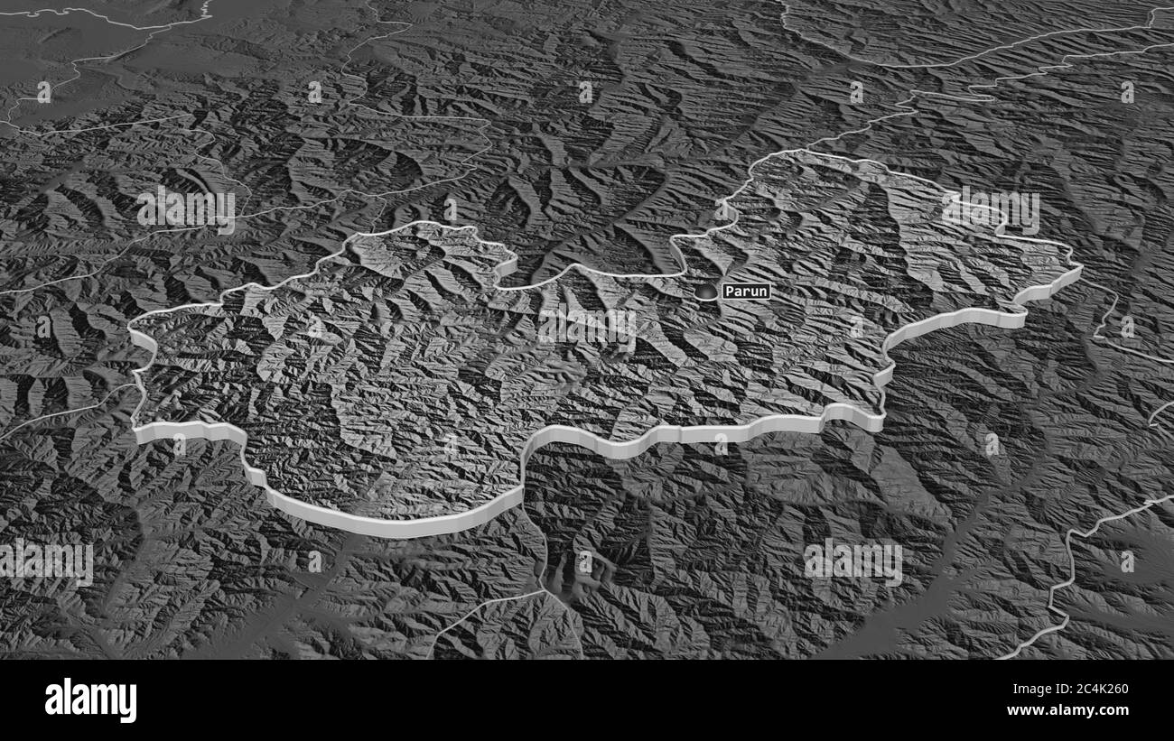 Zoom in auf Nuristan (Provinz Afghanistan) extrudiert. Schräge Perspektive. Karte mit bilevel Höhe mit Oberflächengewässern. 3D-Rendering Stockfoto