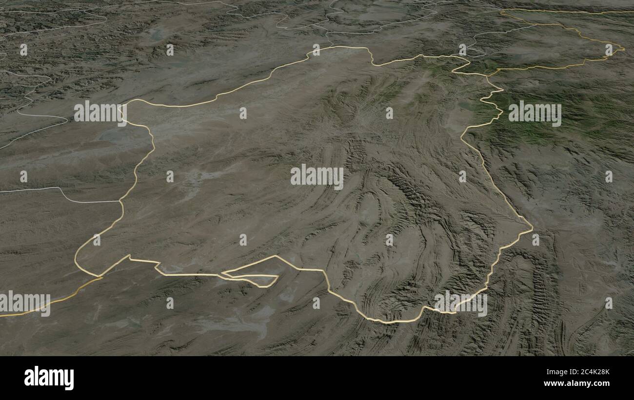Zoom in Paktika (Provinz Afghanistan) skizziert. Schräge Perspektive. Satellitenbilder. 3D-Rendering Stockfoto
