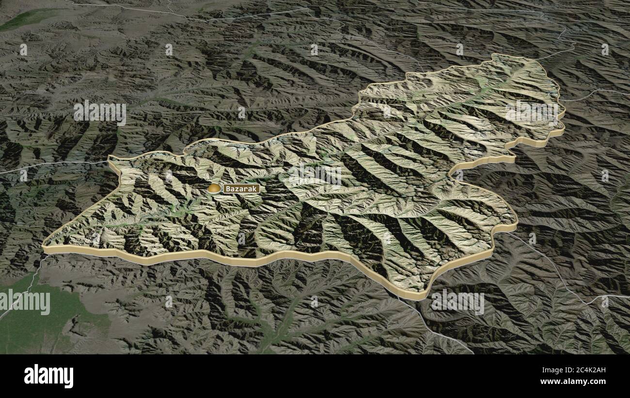 Zoom in auf Panjshir (Provinz Afghanistan) extrudiert. Schräge Perspektive. Satellitenbilder. 3D-Rendering Stockfoto