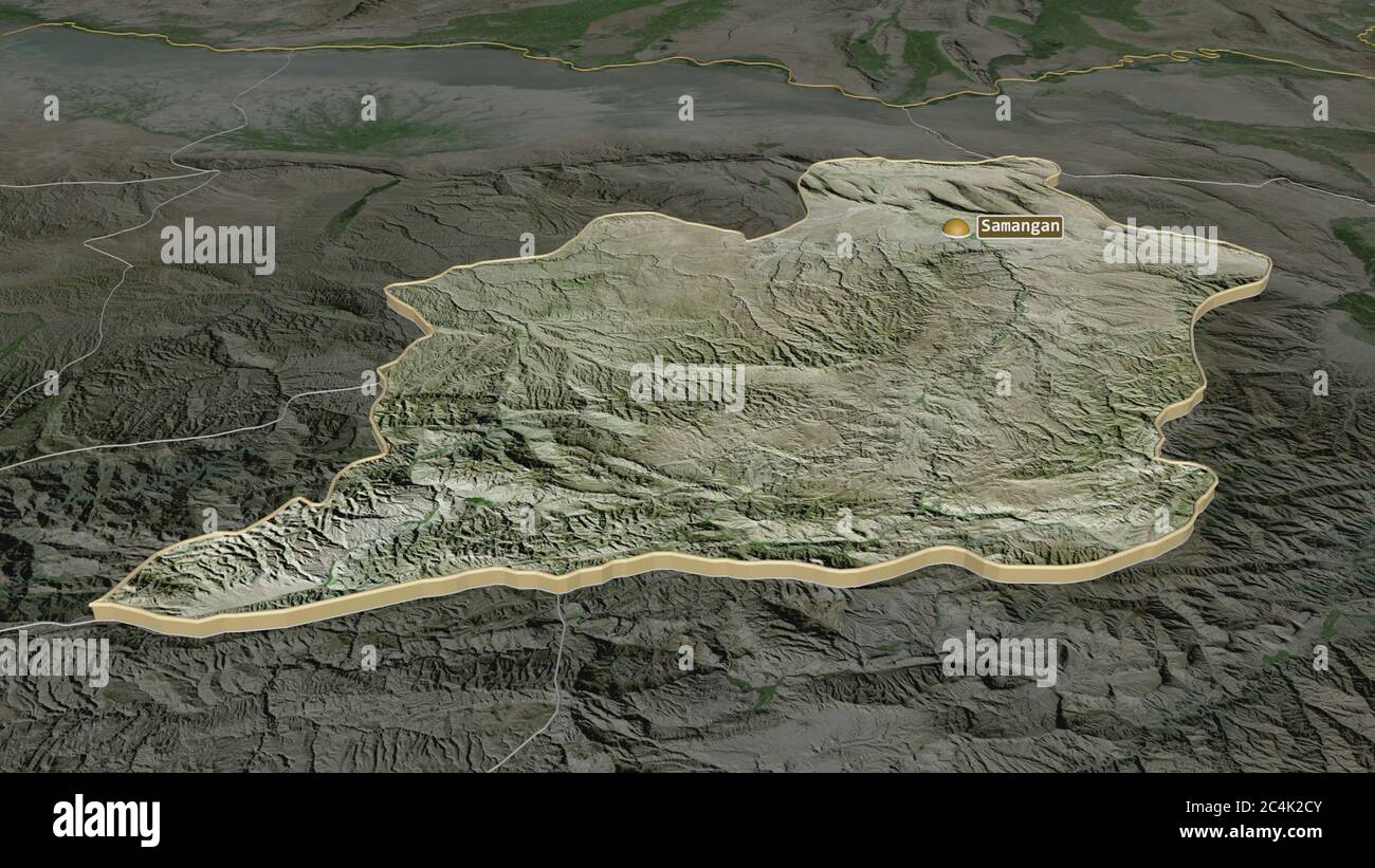 Zoom in auf Samangan (Provinz Afghanistan) extrudiert. Schräge Perspektive. Satellitenbilder. 3D-Rendering Stockfoto