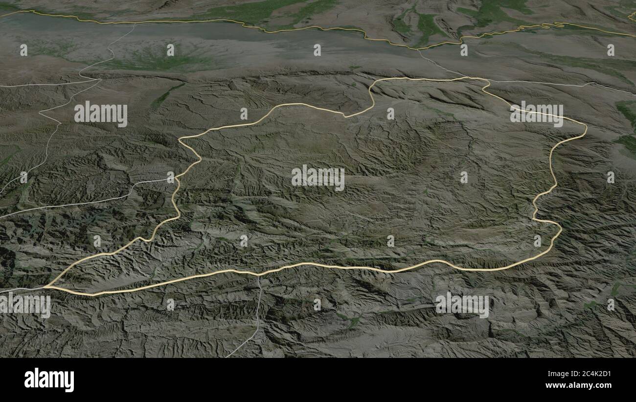 Zoom in Samangan (Provinz Afghanistan) skizziert. Schräge Perspektive. Satellitenbilder. 3D-Rendering Stockfoto