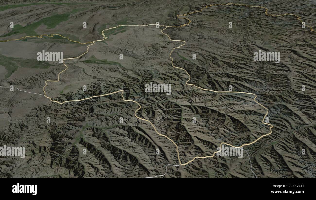 Zoom in Takhar (Provinz Afghanistan) skizziert. Schräge Perspektive. Satellitenbilder. 3D-Rendering Stockfoto