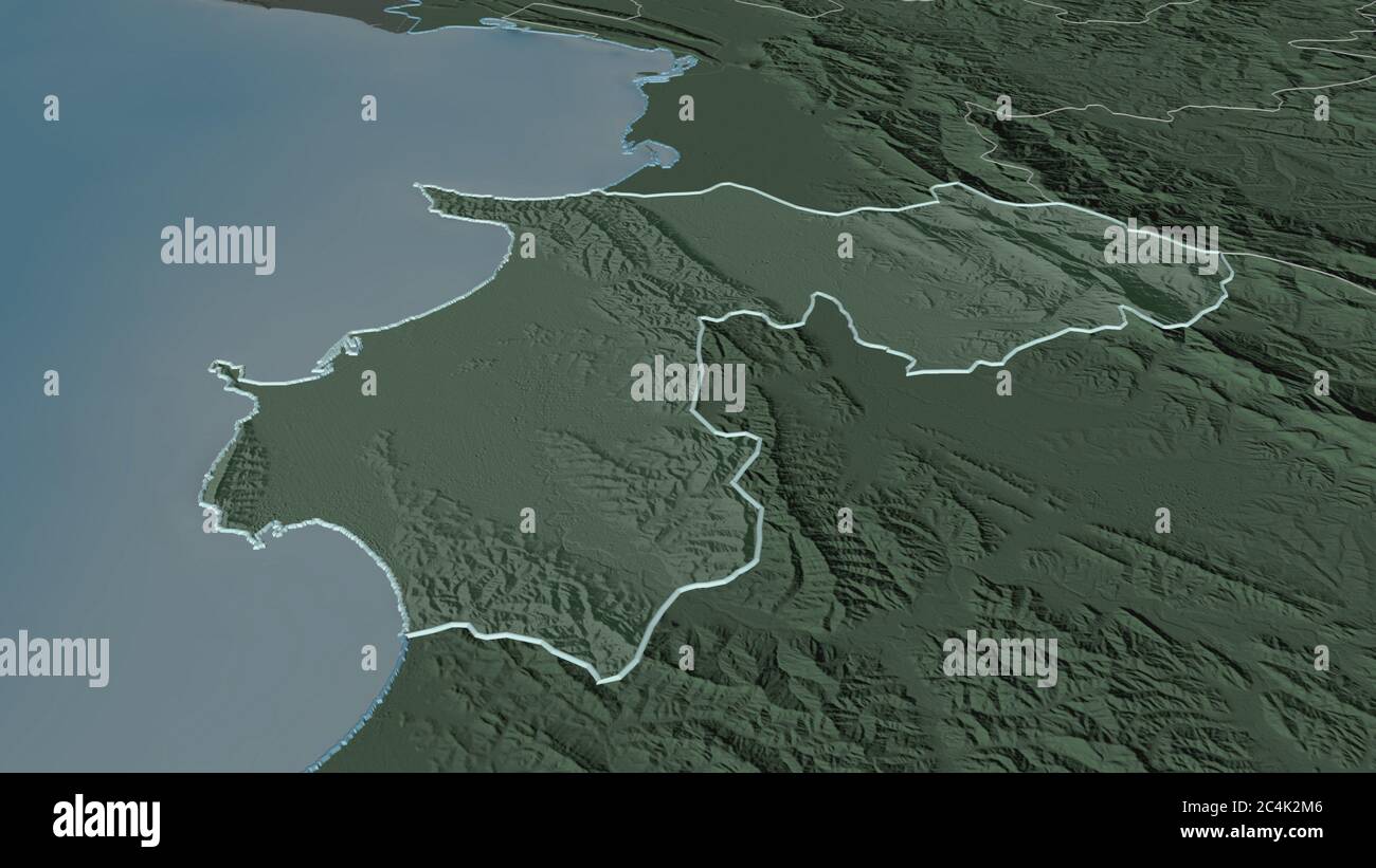 Zoom in auf Durrës (Grafschaft Albanien) skizziert. Schräge Perspektive. Farbige und aufgeschüpfte Karte der Verwaltungseinheit mit Oberflächengewässern. 3D ren Stockfoto