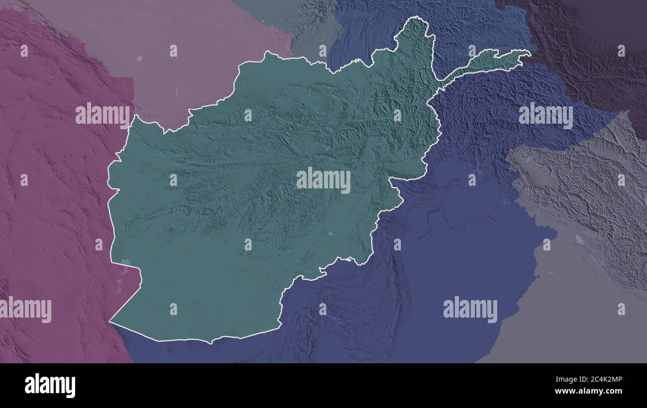 Skizzierte Form des Afghanistan-Gebiets. Farbige und aufgeschüpfte Karte der Verwaltungseinheit mit Oberflächengewässern. 3D-Rendering Stockfoto