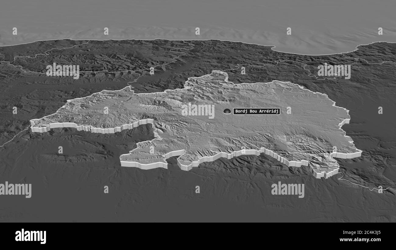 Zoom in auf Bordj Bou Arréridj (Provinz Algerien) extrudiert. Schräge Perspektive. Karte mit bilevel Höhe mit Oberflächengewässern. 3D-Rendering Stockfoto