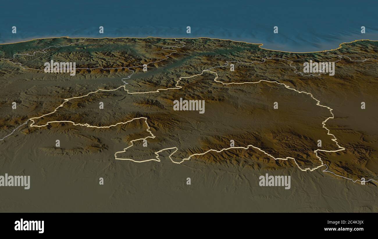 Zoom in auf Bordj Bou Arréridj (Provinz Algerien) skizziert. Schräge Perspektive. Topographische Reliefkarte mit Oberflächengewässern. 3D-Rendering Stockfoto