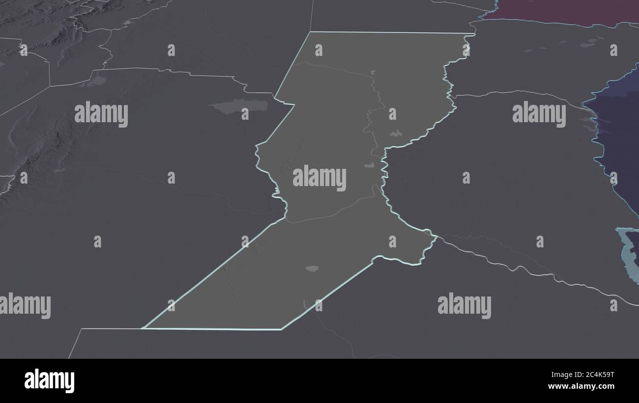 Zoom in Santa Fe (Provinz Argentinien) skizziert. Schräge Perspektive. Farbige und aufgeschüpfte Karte der Verwaltungseinheit mit Oberflächengewässern. Stockfoto