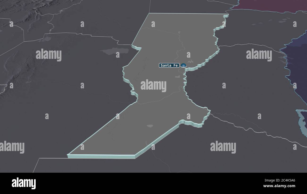 Zoom in Santa Fe (Provinz Argentinien) extrudiert. Schräge Perspektive. Farbige und aufgeschüpfte Karte der Verwaltungseinheit mit Oberflächengewässern. Stockfoto