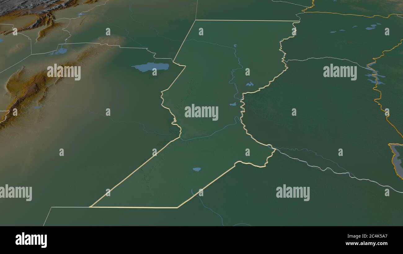 Zoom in Santa Fe (Provinz Argentinien) skizziert. Schräge Perspektive. Topographische Reliefkarte mit Oberflächengewässern. 3D-Rendering Stockfoto