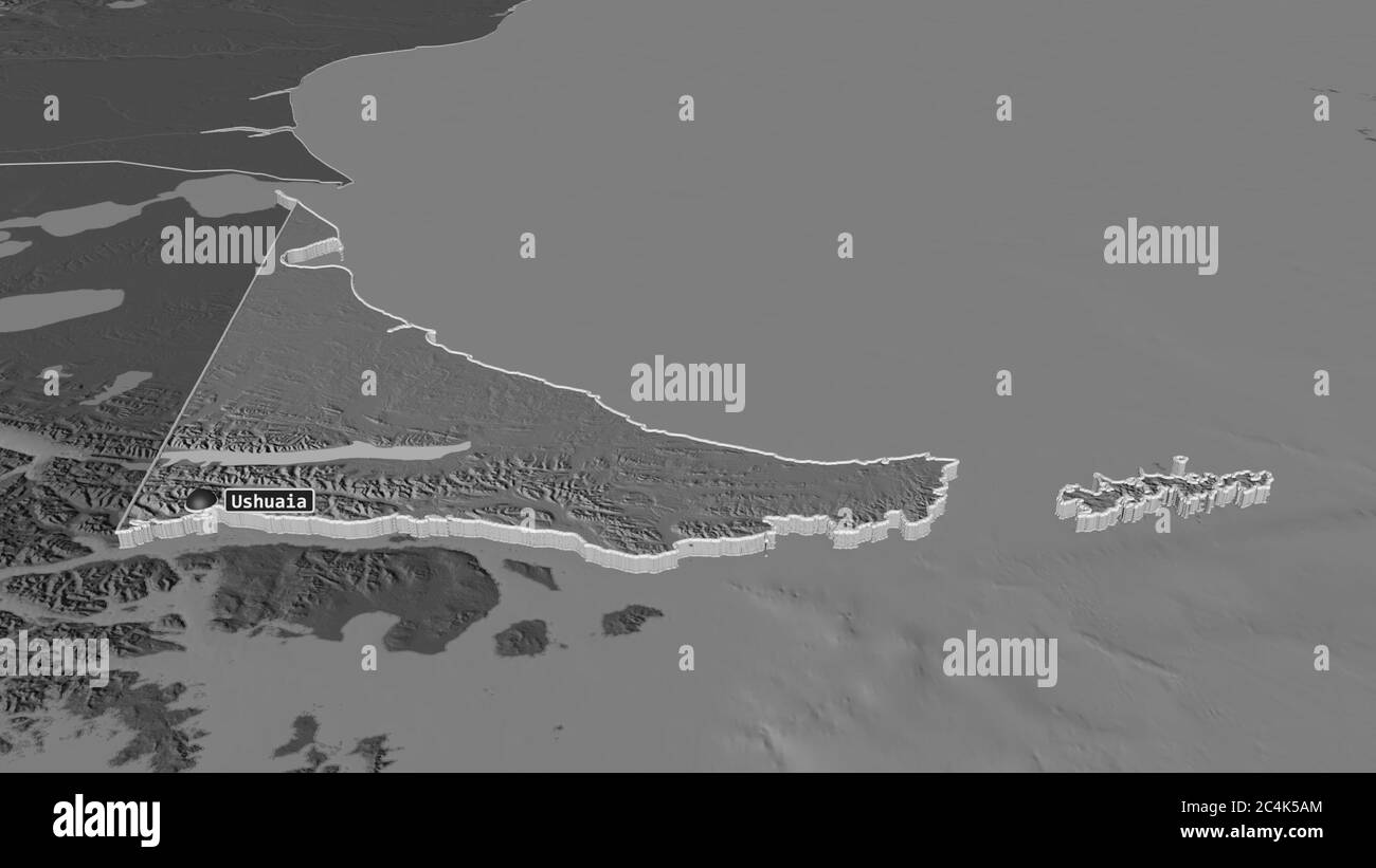 Zoom in auf Feuerland (Staatsgebiet von Argentinien) extrudiert. Schräge Perspektive. Karte mit bilevel Höhe mit Oberflächengewässern. 3D-Rendering Stockfoto