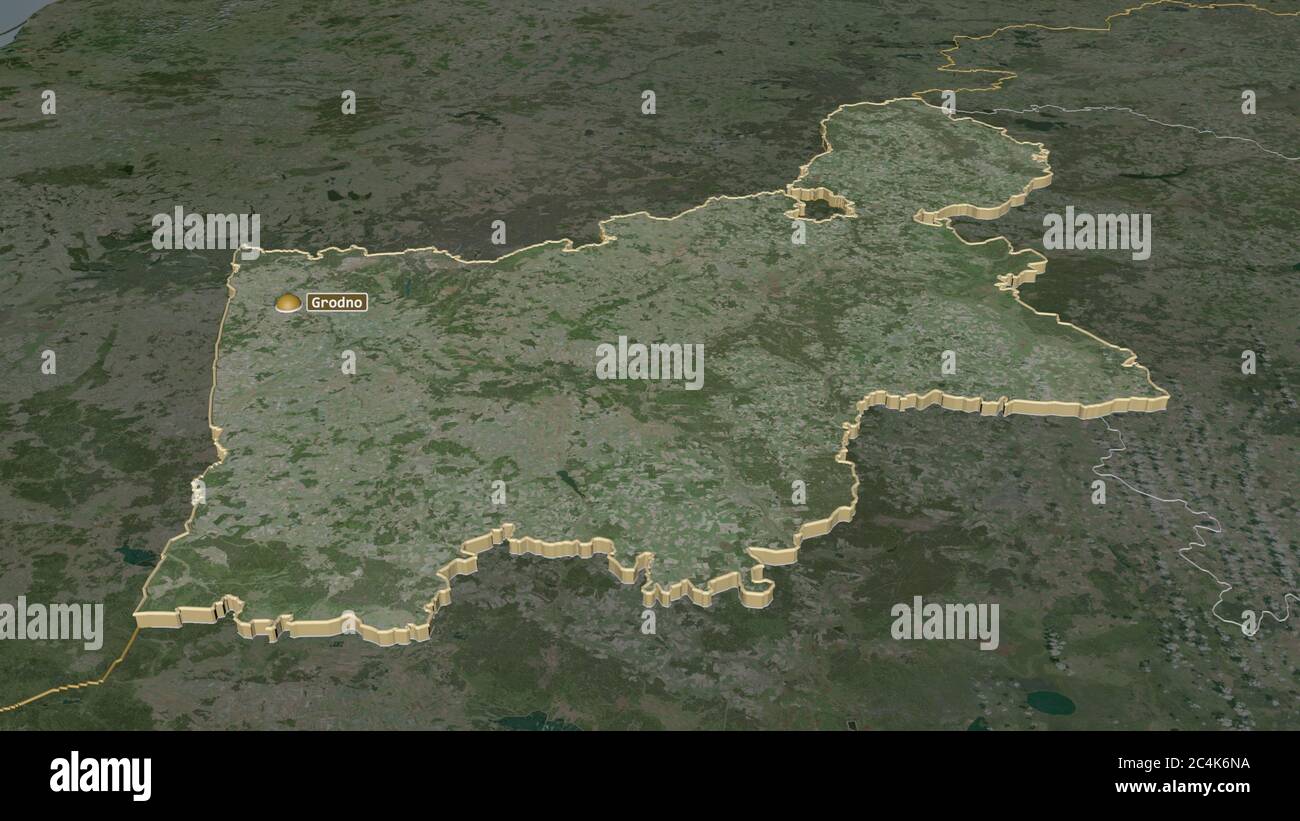 Zoom in auf Hrodna (Region Weißrussland) extrudiert. Schräge Perspektive. Satellitenbilder. 3D-Rendering Stockfoto