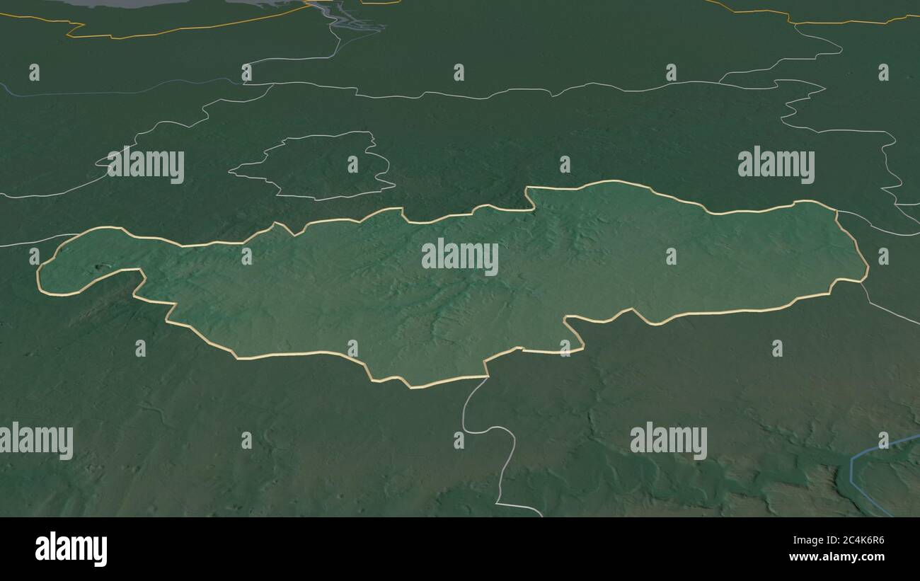 Zoom in auf Brabant Wallon (Provinz Belgien) skizziert. Schräge Perspektive. Topographische Reliefkarte mit Oberflächengewässern. 3D-Rendering Stockfoto