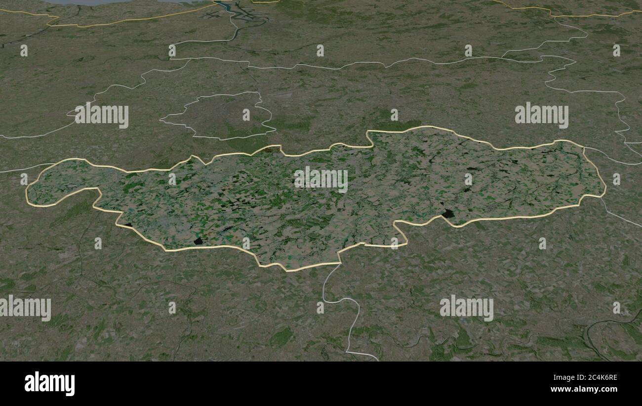 Zoom in auf Brabant Wallon (Provinz Belgien) skizziert. Schräge Perspektive. Satellitenbilder. 3D-Rendering Stockfoto