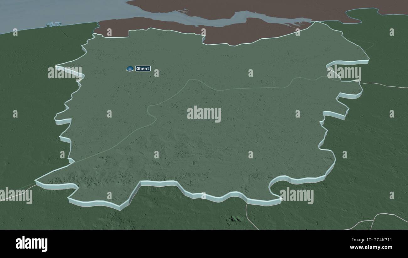Zoom in auf Oost-Vlaanderen (Provinz Belgien) extrudiert. Schräge Perspektive. Farbige und aufgeschüpfte Karte der Verwaltungsabteilung mit Oberflächenwat Stockfoto