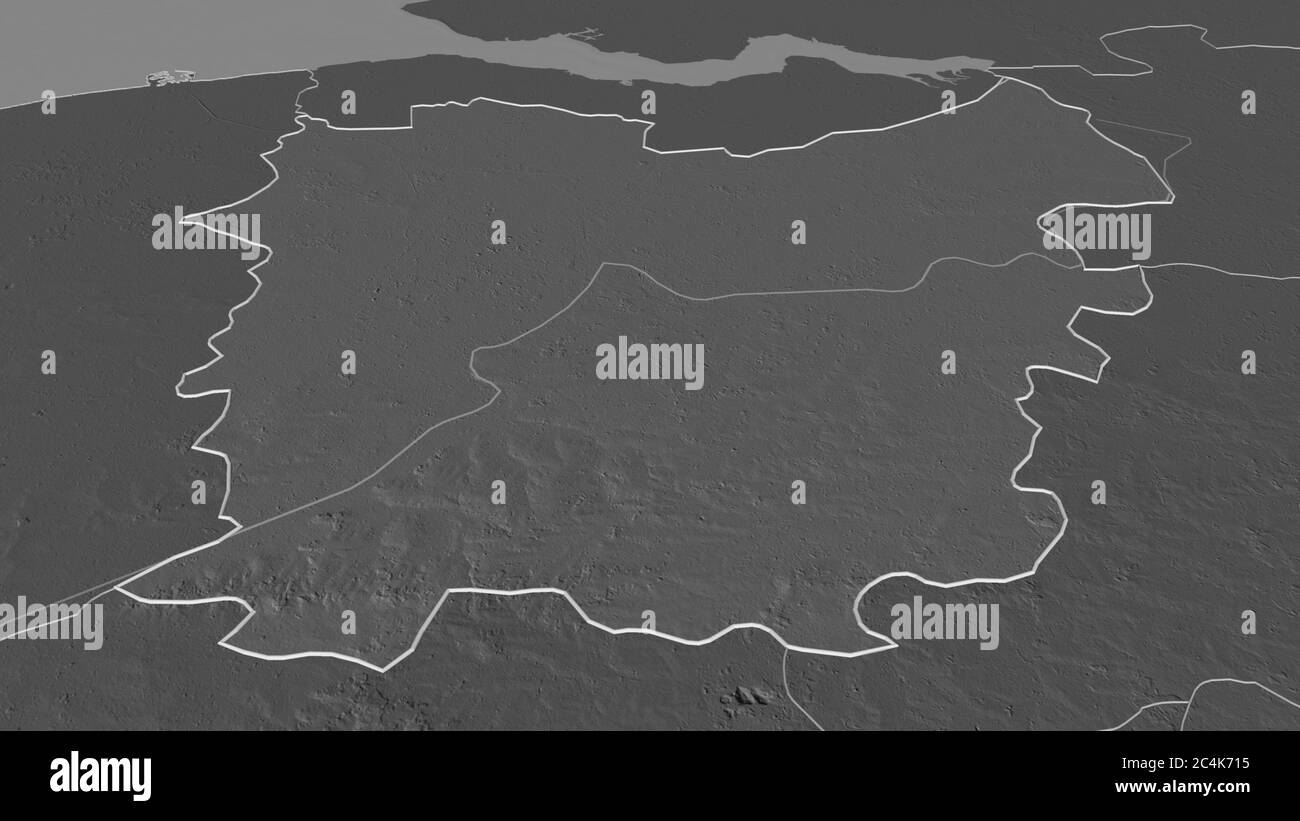 Zoom in Oost-Vlaanderen (Provinz Belgien) skizziert. Schräge Perspektive. Karte mit bilevel Höhe mit Oberflächengewässern. 3D-Rendering Stockfoto