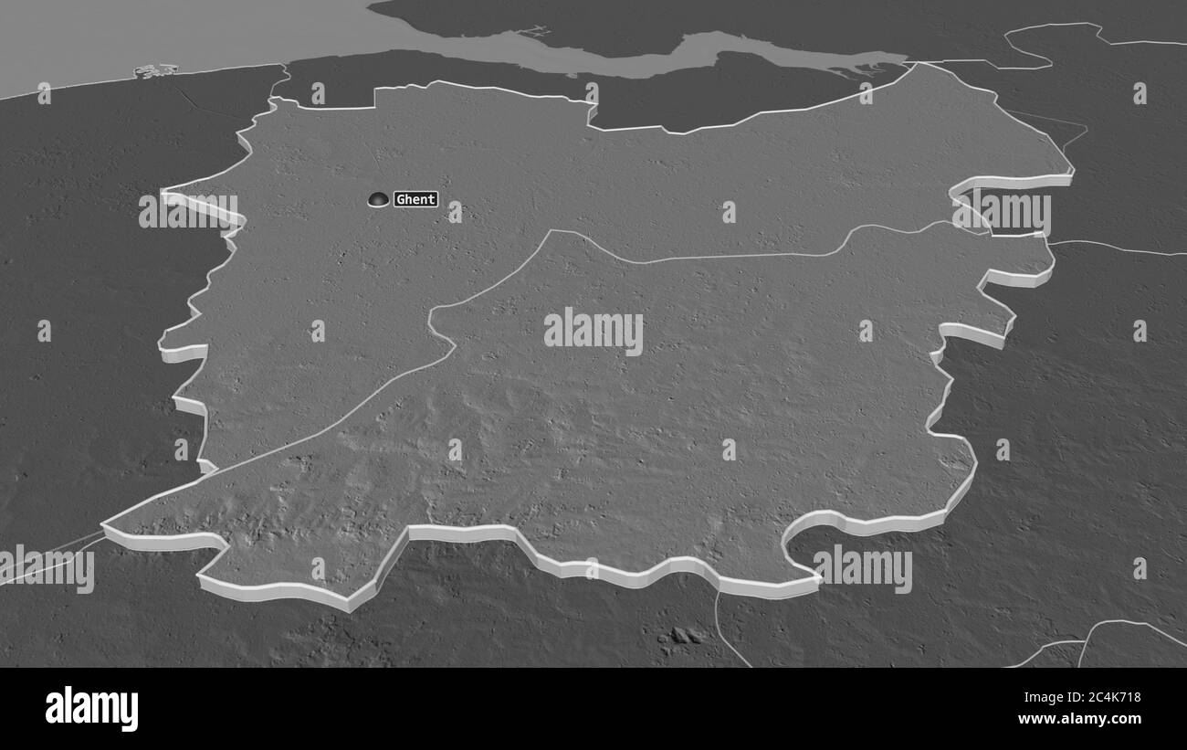 Zoom in auf Oost-Vlaanderen (Provinz Belgien) extrudiert. Schräge Perspektive. Karte mit bilevel Höhe mit Oberflächengewässern. 3D-Rendering Stockfoto