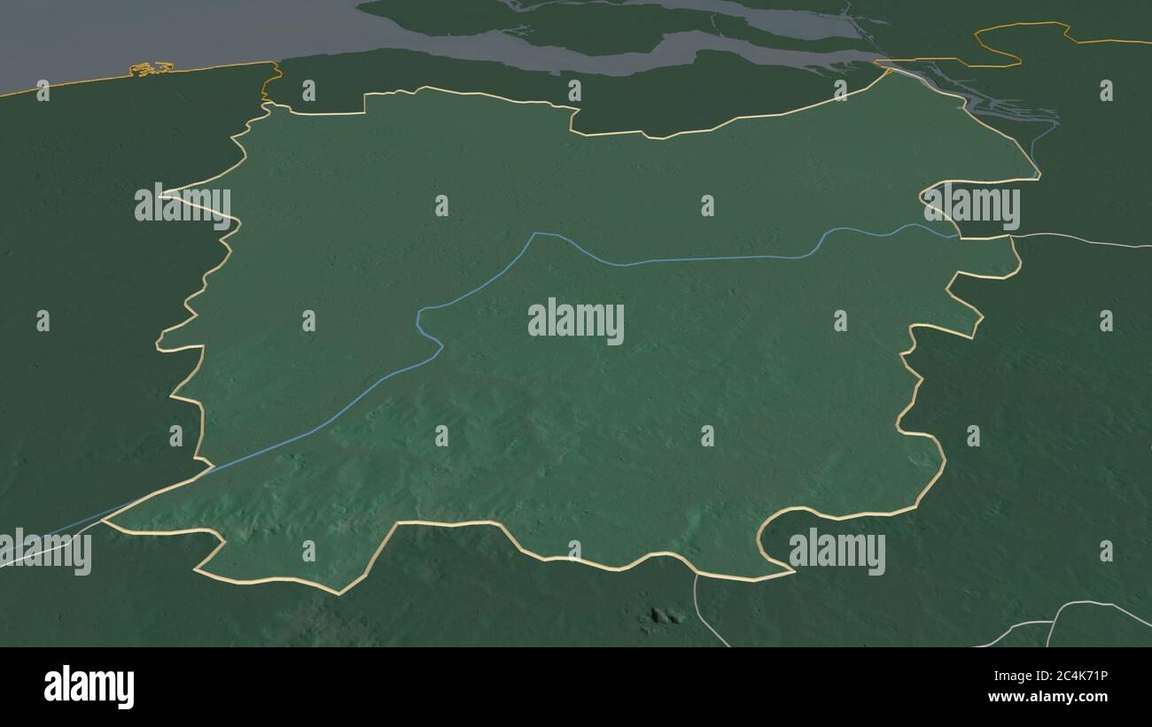 Zoom in Oost-Vlaanderen (Provinz Belgien) skizziert. Schräge Perspektive. Topographische Reliefkarte mit Oberflächengewässern. 3D-Rendering Stockfoto