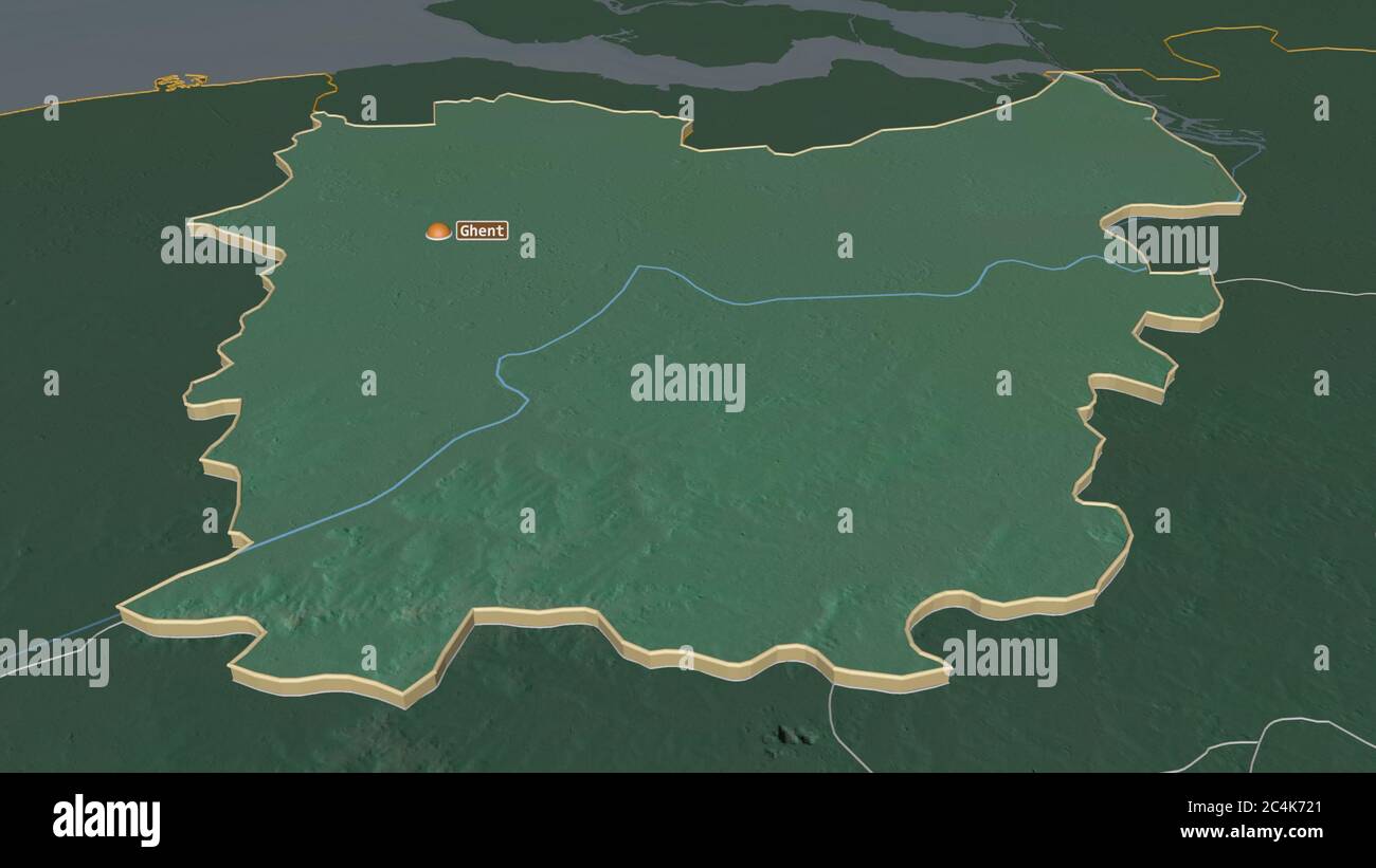 Zoom in auf Oost-Vlaanderen (Provinz Belgien) extrudiert. Schräge Perspektive. Topographische Reliefkarte mit Oberflächengewässern. 3D-Rendering Stockfoto