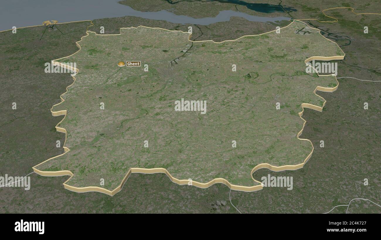 Zoom in auf Oost-Vlaanderen (Provinz Belgien) extrudiert. Schräge Perspektive. Satellitenbilder. 3D-Rendering Stockfoto