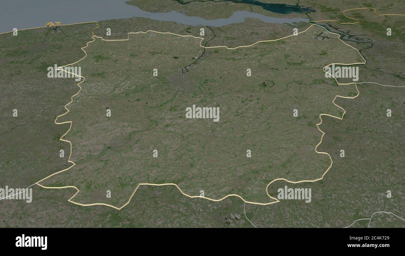 Zoom in Oost-Vlaanderen (Provinz Belgien) skizziert. Schräge Perspektive. Satellitenbilder. 3D-Rendering Stockfoto