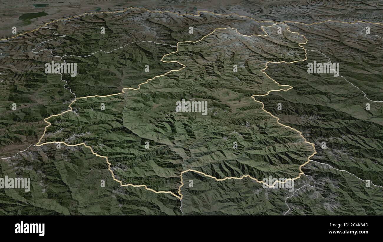 Zoom in auf Wangduephodrang (Bezirk von Bhutan) skizziert. Schräge Perspektive. Satellitenbilder. 3D-Rendering Stockfoto